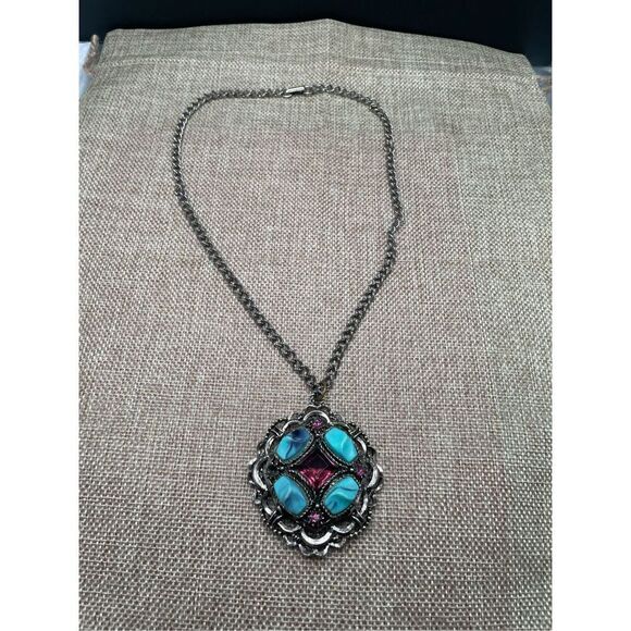 Statement Costume Pendant Necklace with Faux Turquoise and amethyst Stones Rodeo - Picture 5 of 7
